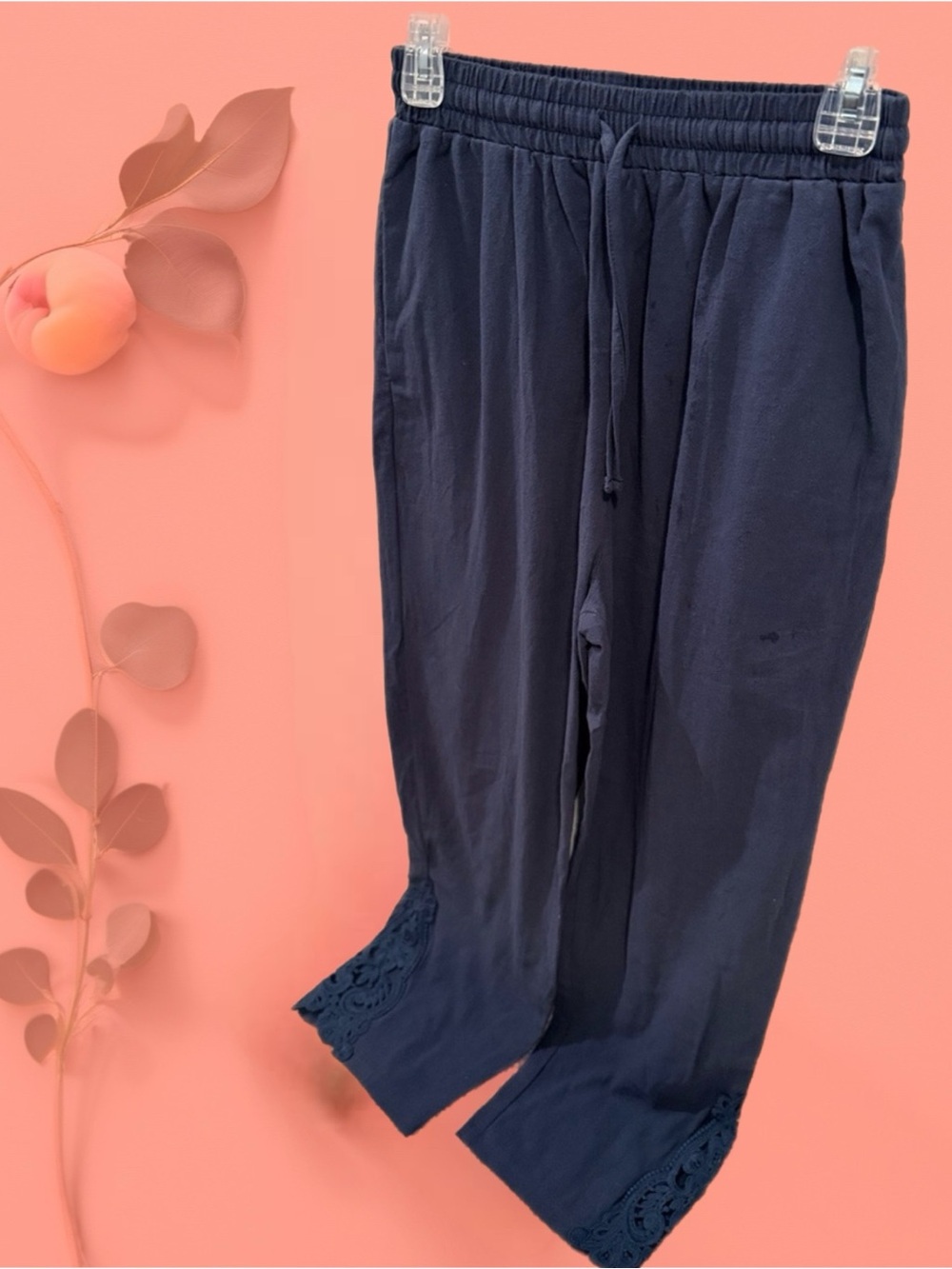 Amazon Women's Navy Drawstring Capris with Lace Trim